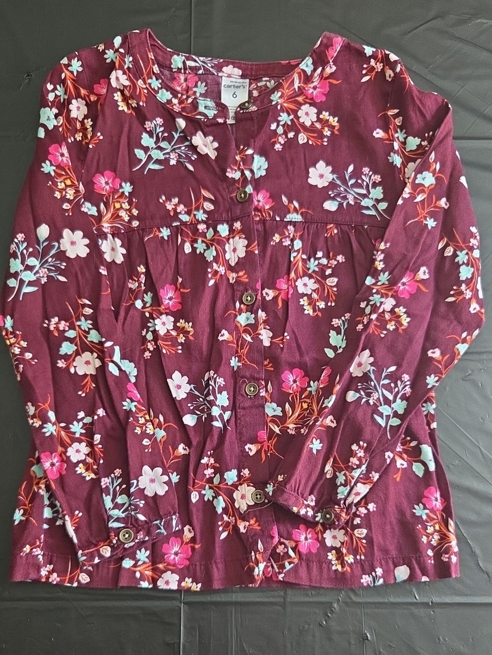 Carter's Maroon Floral Button-Front Blouse - Pink, Teal & White Flowers